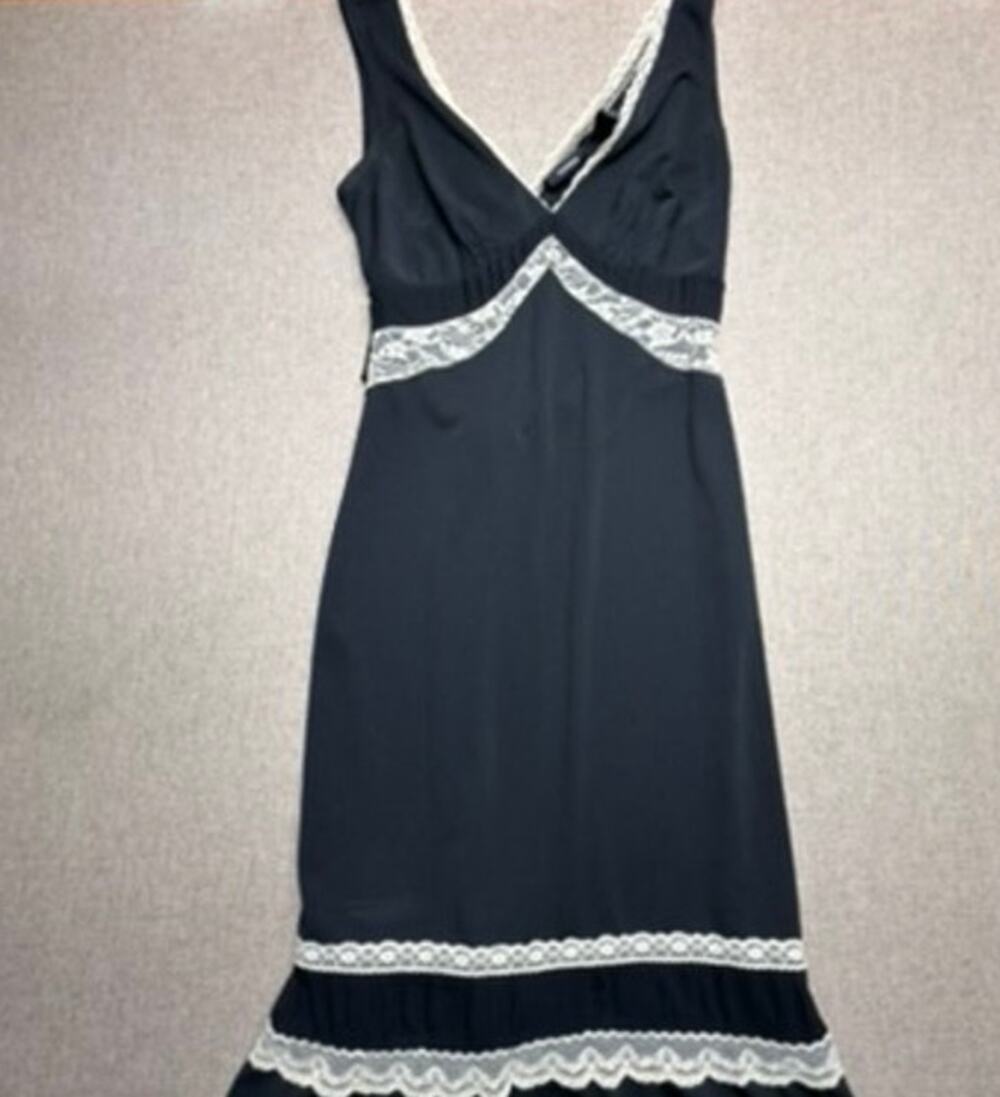 Vintage Y2K Express Size 9/10 Black Lace Trim Maxi Dress Tie Back 90s Goth